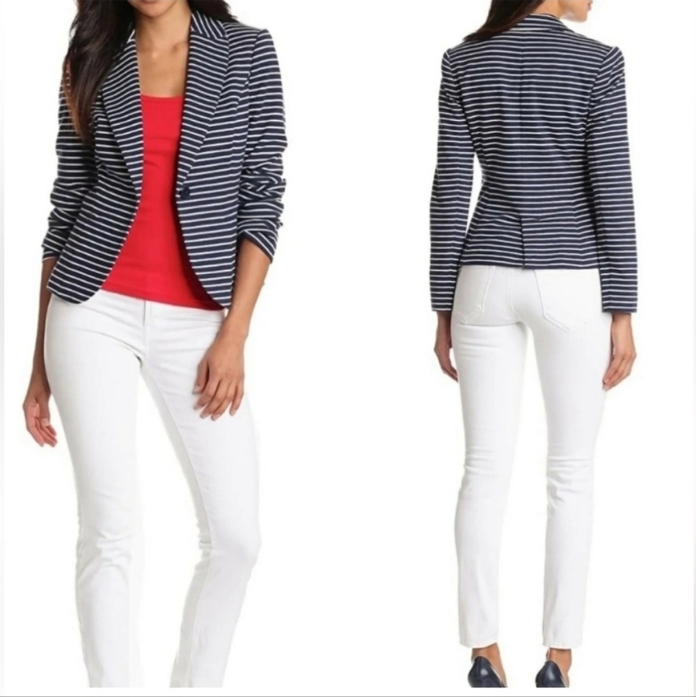 Lilly Pulitzer Leighton Navy Blue & White Striped Cotton Blazer - M